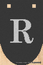 A simulated image of the stitched needlepoint design: Banner 18m Rounded R White on Black. Not A.I. generated.