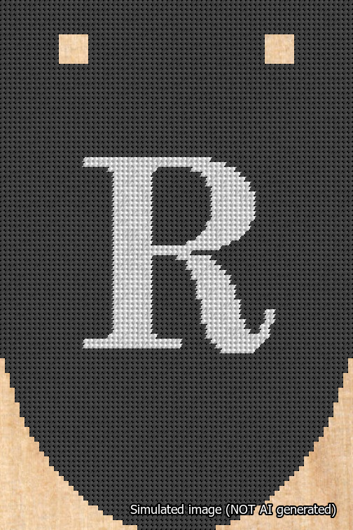 A simulated image of the stitched needlepoint design: Banner 18m Rounded R White on Black. Not A.I. generated.
