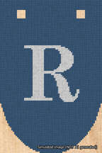 A simulated image of the stitched needlepoint design: Banner 18m Rounded R White on Blue. Not A.I. generated.