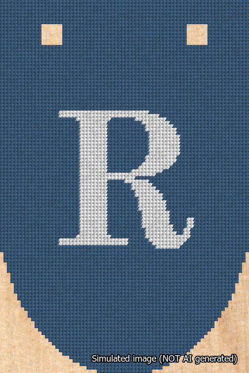 A simulated image of the stitched needlepoint design: Banner 18m Rounded R White on Blue. Not A.I. generated.