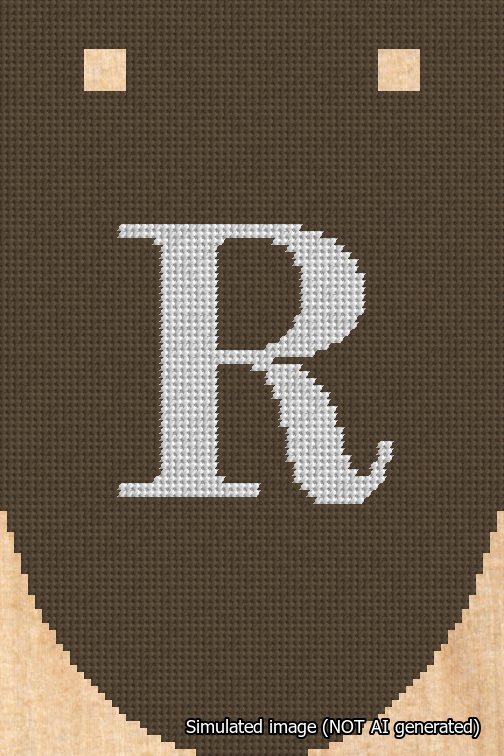 A simulated image of the stitched needlepoint design: Banner 18m Rounded R White on Brown. Not A.I. generated.