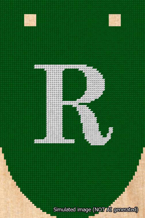 A simulated image of the stitched needlepoint design: Banner 18m Rounded R White on Green. Not A.I. generated.