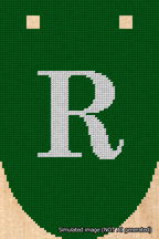 A simulated image of the stitched needlepoint design: Banner 18m Rounded R White on Green. Not A.I. generated.