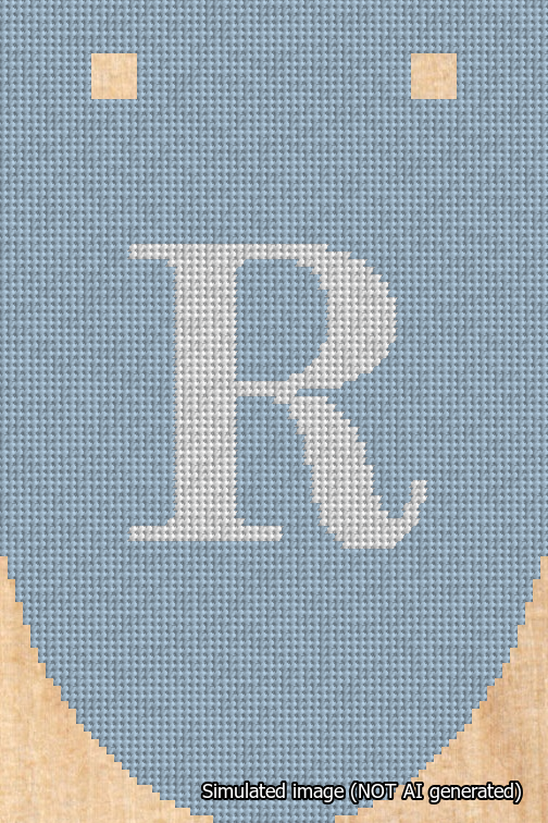 A simulated image of the stitched needlepoint design: Banner 18m Rounded R White on Light Blue. Not A.I. generated.