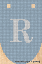 A simulated image of the stitched needlepoint design: Banner 18m Rounded R White on Light Blue. Not A.I. generated.