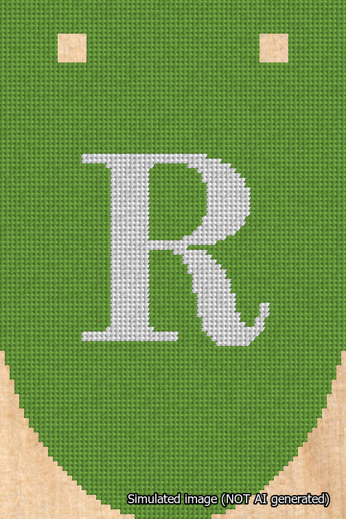 A simulated image of the stitched needlepoint design: Banner 18m Rounded R White on Light Green. Not A.I. generated.