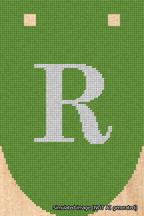 A simulated image of the stitched needlepoint design: Banner 18m Rounded R White on Light Green. Not A.I. generated.