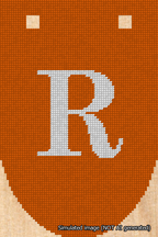 A simulated image of the stitched needlepoint design: Banner 18m Rounded R White on Orange. Not A.I. generated.