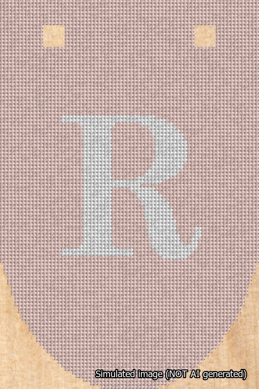 A simulated image of the stitched needlepoint design: Banner 18m Rounded R White on Pink. Not A.I. generated.