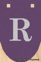 A simulated image of the stitched needlepoint design: Banner 18m Rounded R White on Purple. Not A.I. generated.