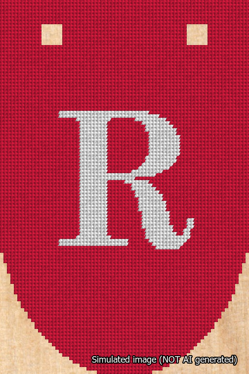 A simulated image of the stitched needlepoint design: Banner 18m Rounded R White on Red. Not A.I. generated.