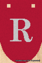 A simulated image of the stitched needlepoint design: Banner 18m Rounded R White on Red. Not A.I. generated.