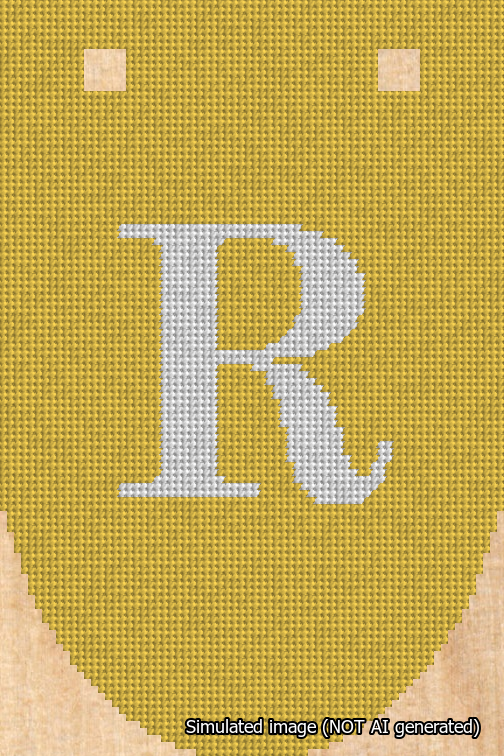 A simulated image of the stitched needlepoint design: Banner 18m Rounded R White on Yellow. Not A.I. generated.