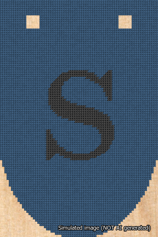 A simulated image of the stitched needlepoint design: Banner 18m Rounded S Black on Blue. Not A.I. generated.