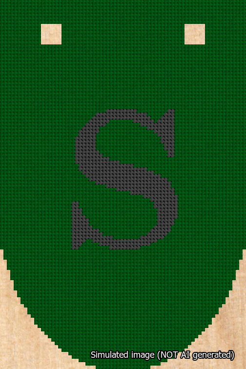 A simulated image of the stitched needlepoint design: Banner 18m Rounded S Black on Green. Not A.I. generated.