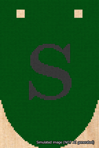 A simulated image of the stitched needlepoint design: Banner 18m Rounded S Black on Green. Not A.I. generated.