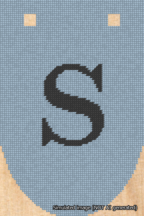 A simulated image of the stitched needlepoint design: Banner 18m Rounded S Black on Light Blue. Not A.I. generated.