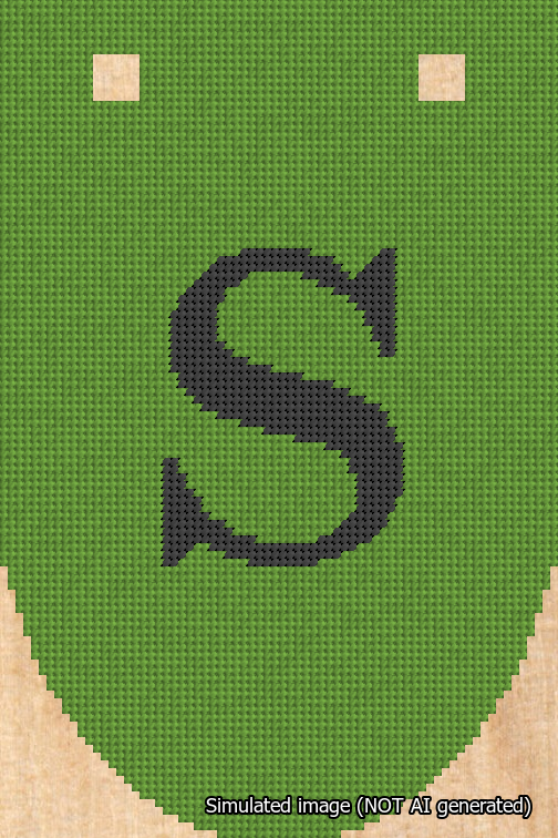 A simulated image of the stitched needlepoint design: Banner 18m Rounded S Black on Light Green. Not A.I. generated.