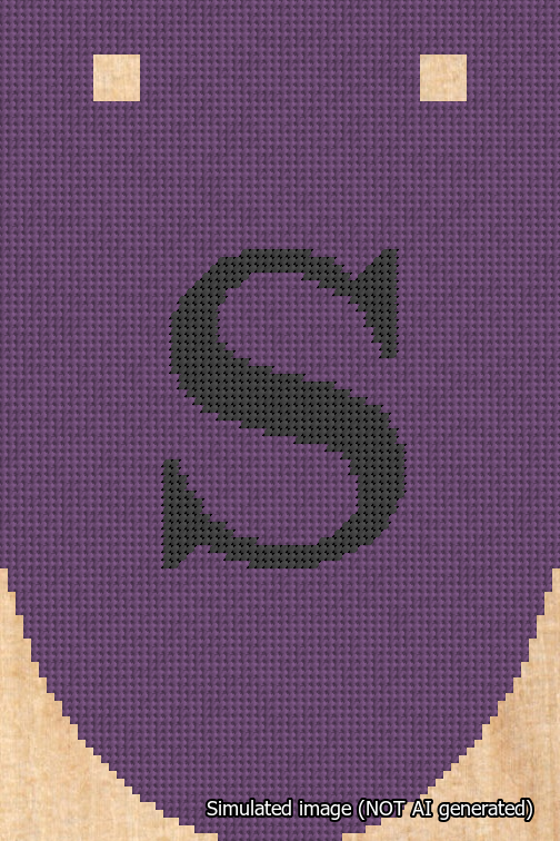 A simulated image of the stitched needlepoint design: Banner 18m Rounded S Black on Purple. Not A.I. generated.