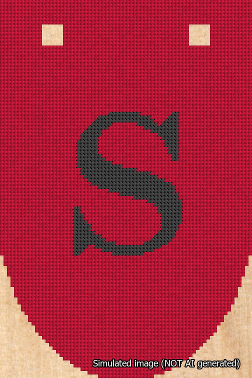A simulated image of the stitched needlepoint design: Banner 18m Rounded S Black on Red. Not A.I. generated.