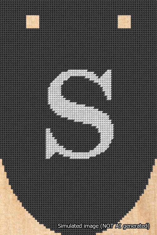 A simulated image of the stitched needlepoint design: Banner 18m Rounded S White on Black. Not A.I. generated.