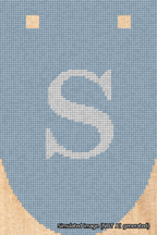 A simulated image of the stitched needlepoint design: Banner 18m Rounded S White on Light Blue. Not A.I. generated.