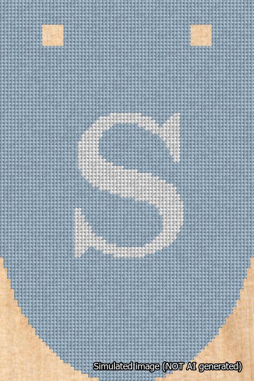 A simulated image of the stitched needlepoint design: Banner 18m Rounded S White on Light Blue. Not A.I. generated.