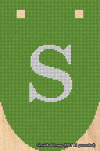 A simulated image of the stitched needlepoint design: Banner 18m Rounded S White on Light Green. Not A.I. generated.