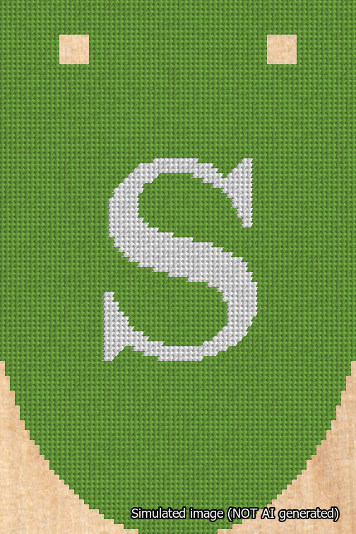 A simulated image of the stitched needlepoint design: Banner 18m Rounded S White on Light Green. Not A.I. generated.