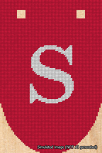 A simulated image of the stitched needlepoint design: Banner 18m Rounded S White on Red. Not A.I. generated.