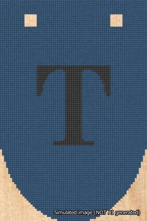 A simulated image of the stitched needlepoint design: Banner 18m Rounded T Black on Blue. Not A.I. generated.