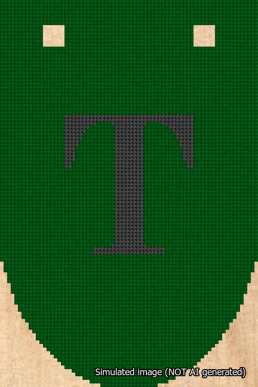 A simulated image of the stitched needlepoint design: Banner 18m Rounded T Black on Green. Not A.I. generated.