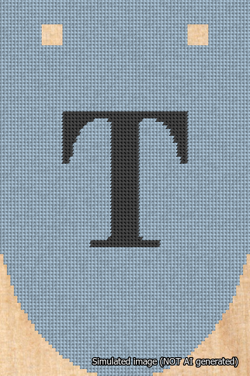 A simulated image of the stitched needlepoint design: Banner 18m Rounded T Black on Light Blue. Not A.I. generated.