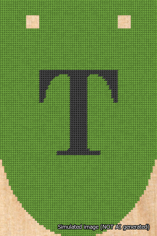 A simulated image of the stitched needlepoint design: Banner 18m Rounded T Black on Light Green. Not A.I. generated.