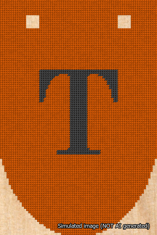 A simulated image of the stitched needlepoint design: Banner 18m Rounded T Black on Orange. Not A.I. generated.
