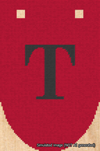 A simulated image of the stitched needlepoint design: Banner 18m Rounded T Black on Red. Not A.I. generated.