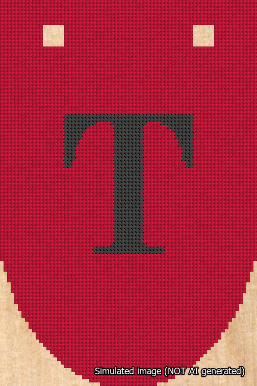 A simulated image of the stitched needlepoint design: Banner 18m Rounded T Black on Red. Not A.I. generated.