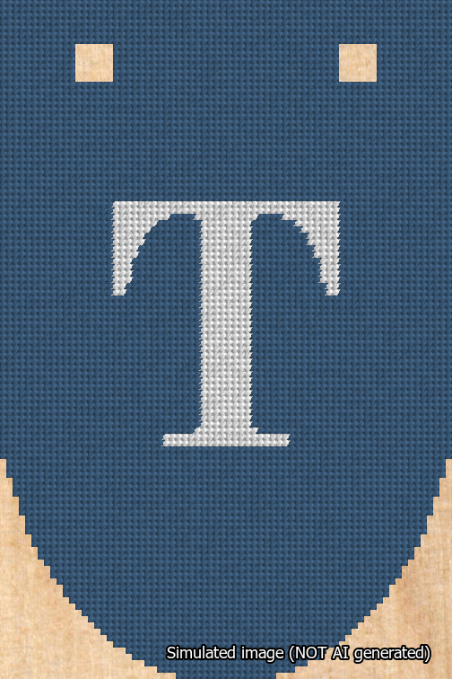 A simulated image of the stitched needlepoint design: Banner 18m Rounded T White on Blue. Not A.I. generated.