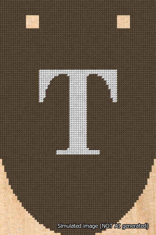 A simulated image of the stitched needlepoint design: Banner 18m Rounded T White on Brown. Not A.I. generated.