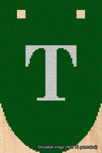 A simulated image of the stitched needlepoint design: Banner 18m Rounded T White on Green. Not A.I. generated.