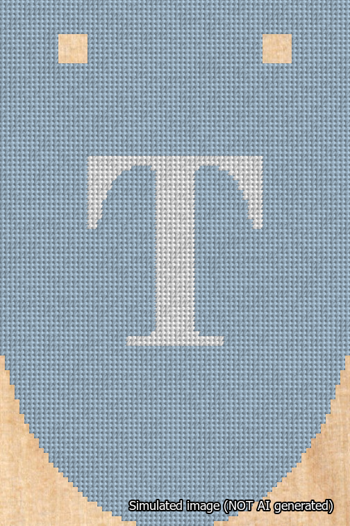 A simulated image of the stitched needlepoint design: Banner 18m Rounded T White on Light Blue. Not A.I. generated.