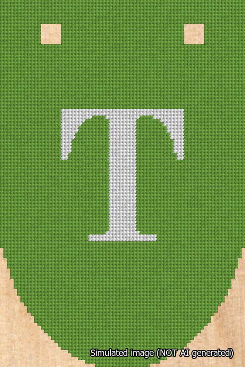 A simulated image of the stitched needlepoint design: Banner 18m Rounded T White on Light Green. Not A.I. generated.