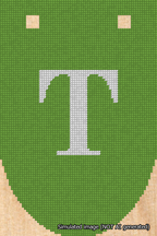 A simulated image of the stitched needlepoint design: Banner 18m Rounded T White on Light Green. Not A.I. generated.