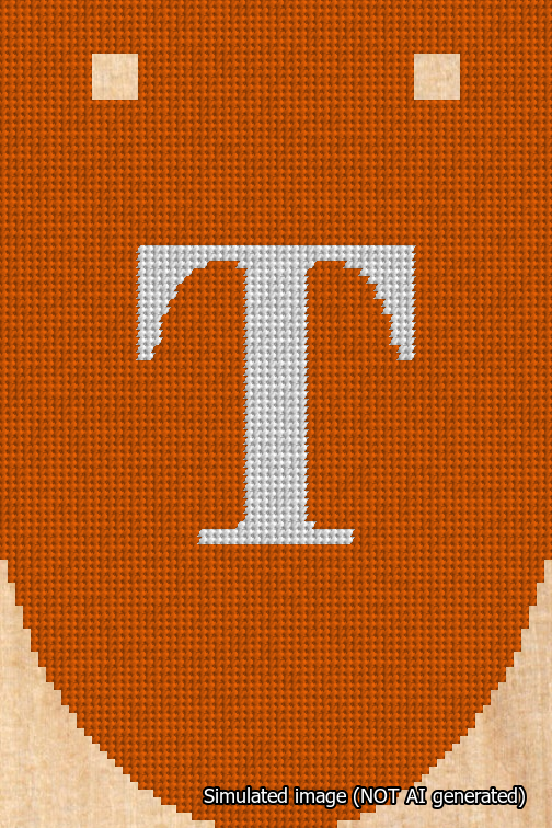 A simulated image of the stitched needlepoint design: Banner 18m Rounded T White on Orange. Not A.I. generated.