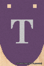 A simulated image of the stitched needlepoint design: Banner 18m Rounded T White on Purple. Not A.I. generated.