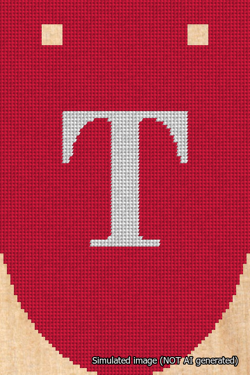 A simulated image of the stitched needlepoint design: Banner 18m Rounded T White on Red. Not A.I. generated.
