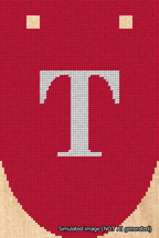 A simulated image of the stitched needlepoint design: Banner 18m Rounded T White on Red. Not A.I. generated.