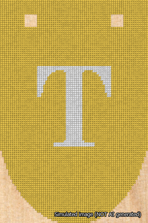 A simulated image of the stitched needlepoint design: Banner 18m Rounded T White on Yellow. Not A.I. generated.