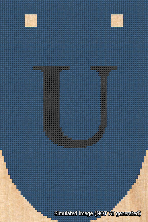 A simulated image of the stitched needlepoint design: Banner 18m Rounded U Black on Blue. Not A.I. generated.