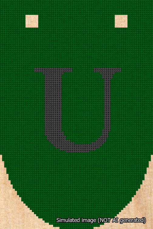 A simulated image of the stitched needlepoint design: Banner 18m Rounded U Black on Green. Not A.I. generated.